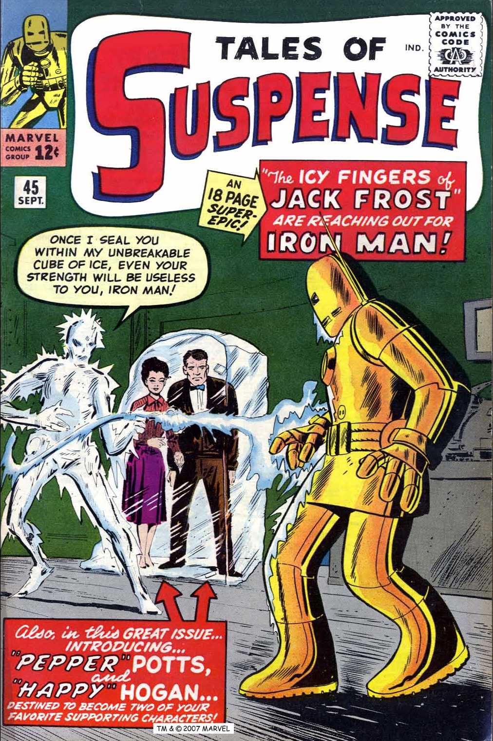 Tales of Suspense #45 cover: Iron Man vs Jack Frost feat. Happy Hogan and Pepper Potts