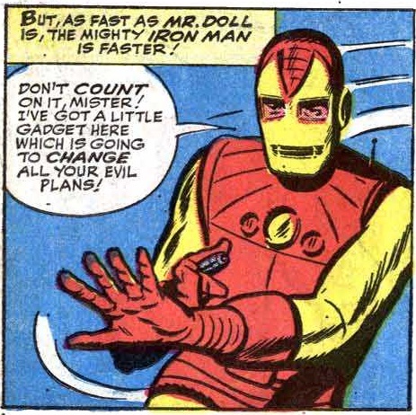 Iron Man quickly maneuvering to zap Mister Doll