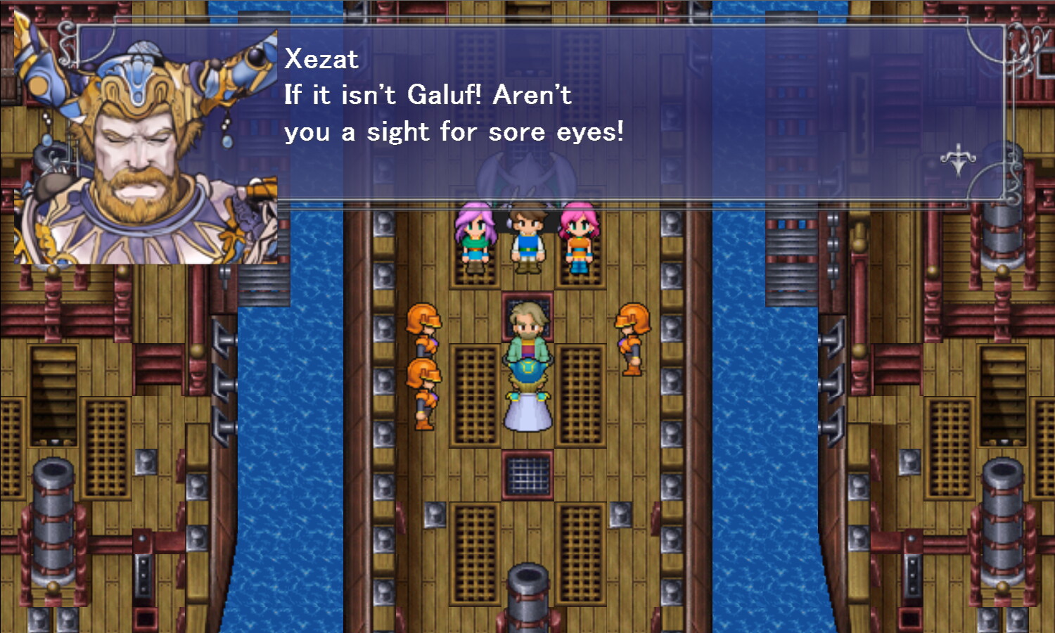 Four Job Fiesta: Xezat is glad to see Galuf on his ship (who wouldn't be?)