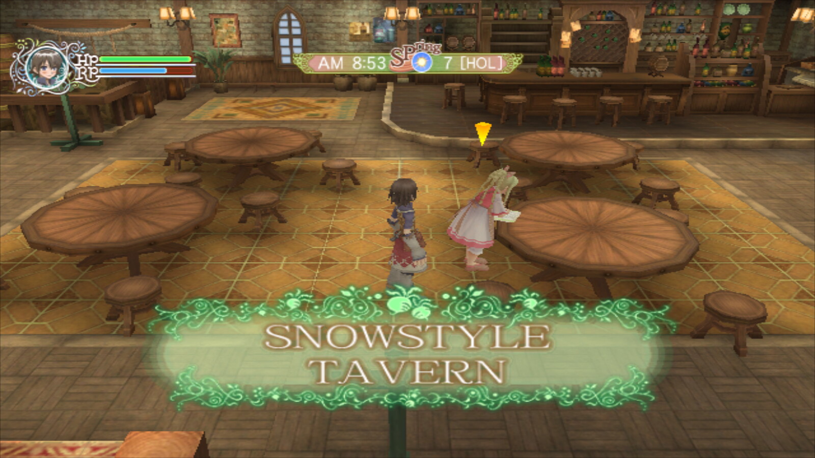 Rune Factory Frontier Screenshot: Eunice cleaning the tables